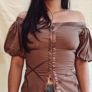 SOLD - BEBE BROWN CORSET OFF SHOULDER TOP
